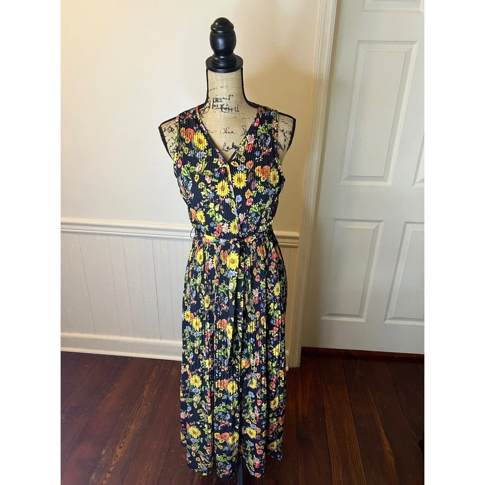 T Tahari sizeS Black Floral Print Pleated Midi Dress Sleeveless V Neck Tie Waist